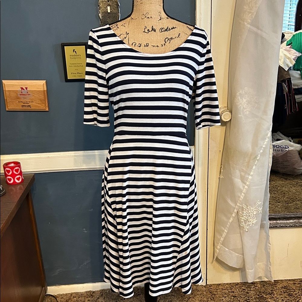 The Limited Black & White Striped Scoop Midi Dress